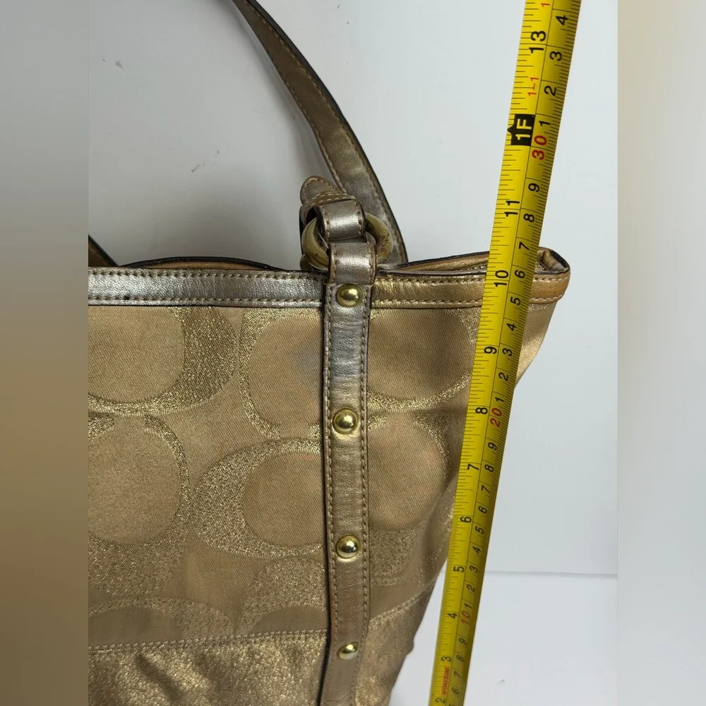 Coach Signature Stripe Studded Lurex Tote in a Gold Colorway - Picture 5 of 13